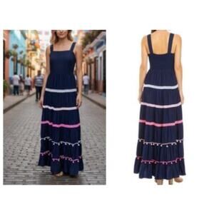Crown Ivy Navy Blue Smocked Tiered Maxi Dress Lace Pom Pom Details